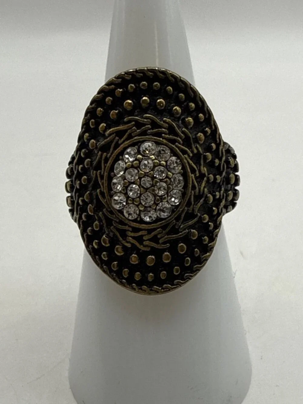 Tradition Shield Ring Gold Tone Pave Crystal Boho Statement